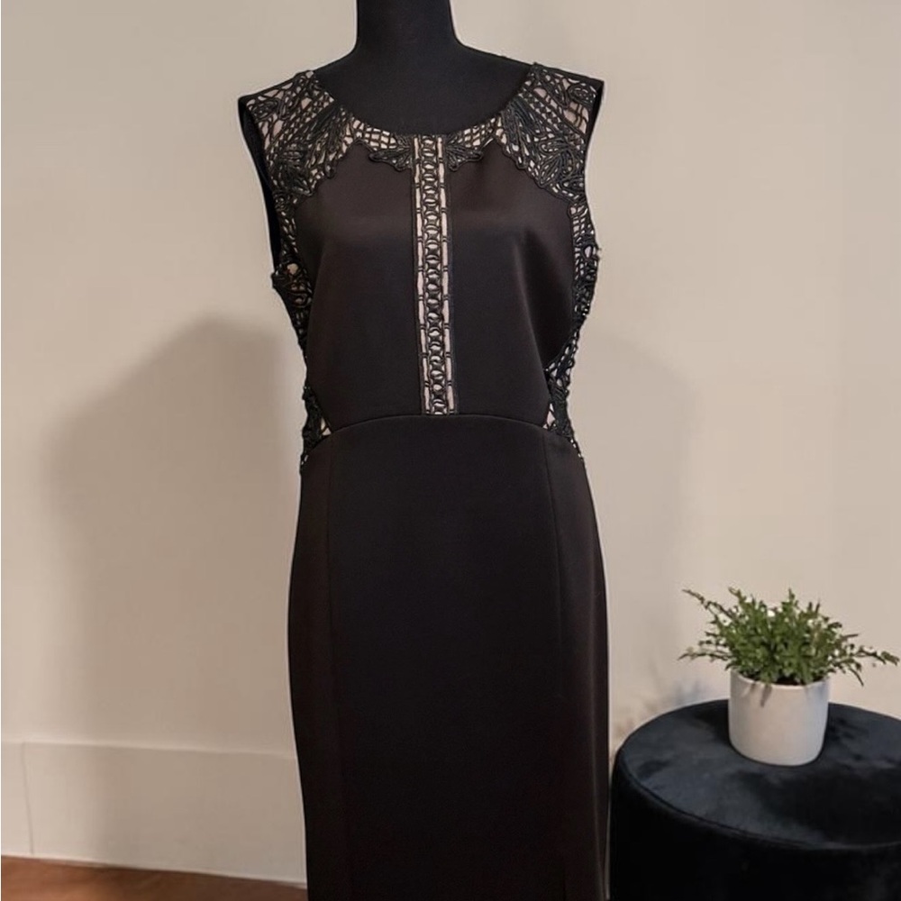 Ivanka Trump Black vintage cocktailSheath Dress with Lace Insets and Center Trim